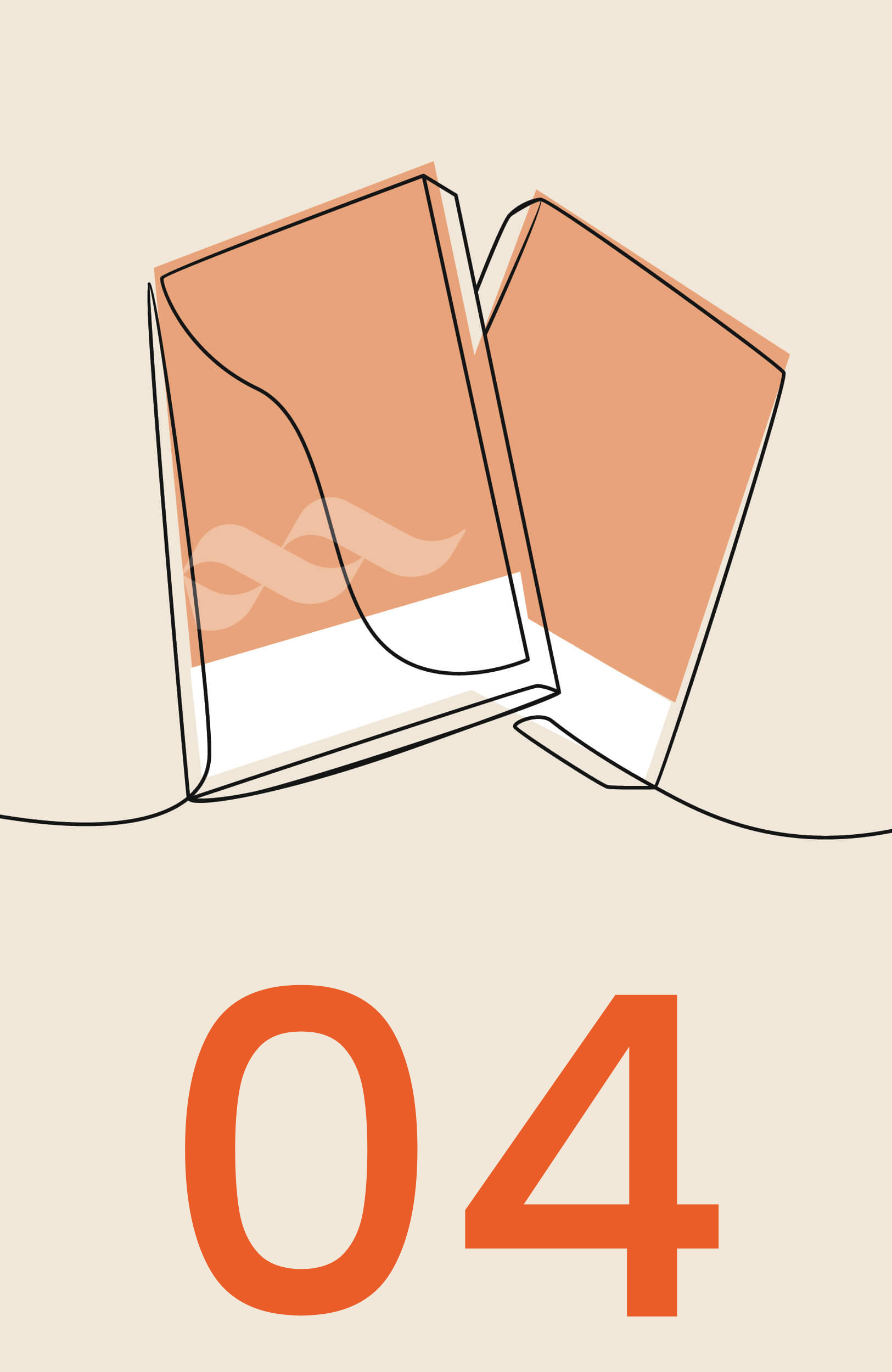 Maxmo Genanalyse 04 Zwei aneinandergelehnte orange-weiße Bücher mit schlichten Konturen suggerieren Themen wie Genanalyse, darüber eine große orangefarbene Zahl 04 auf beigem Untergrund.