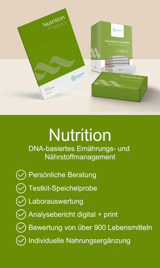 Nutrition Eine Marketinggrafik für ein DNA-basiertes Ernährungs- und Nährstoffmanagementprogramm mit Markenboxen und -broschüren hebt Funktionen wie persönliche Beratung, Genanalyse-Testkit, Laborbericht und personalisierte Nahrungsergänzungsmittel hervor.